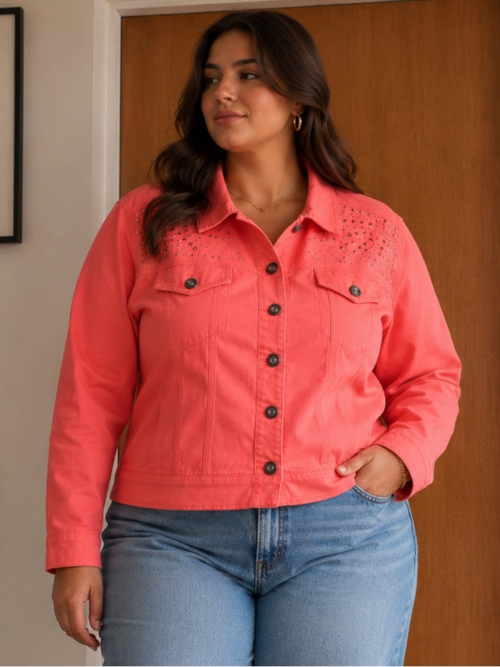 CJ Banks Coral Stud-Accent Denim Button Front Jacket Size-1X Boutique Casual